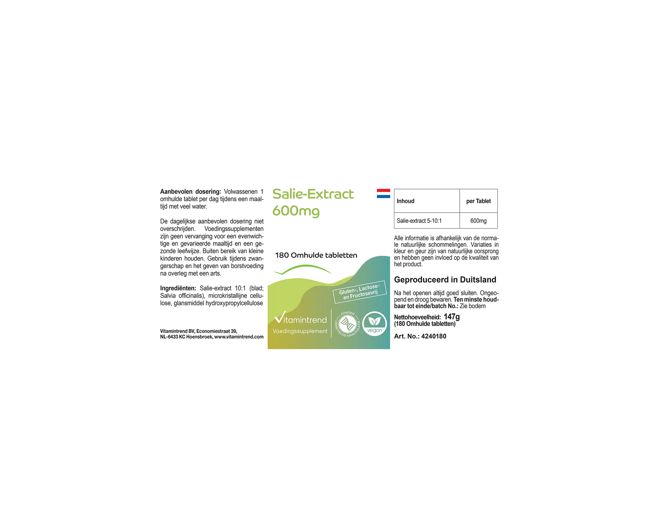 Sage Extract 600mg - 180 Film-Coated Tablets | Vitamintrend