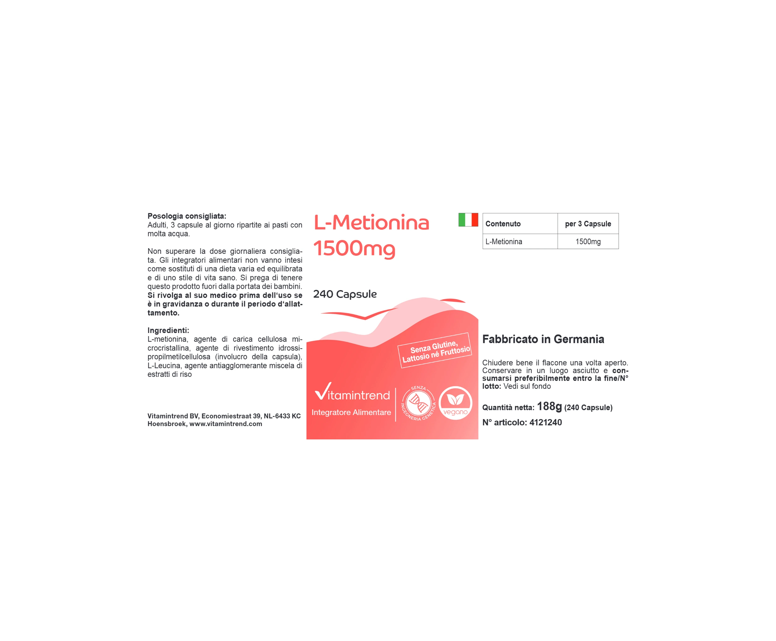 L-Methionine 1500mg - 240 Capsules - Vegan | Vitamintrend