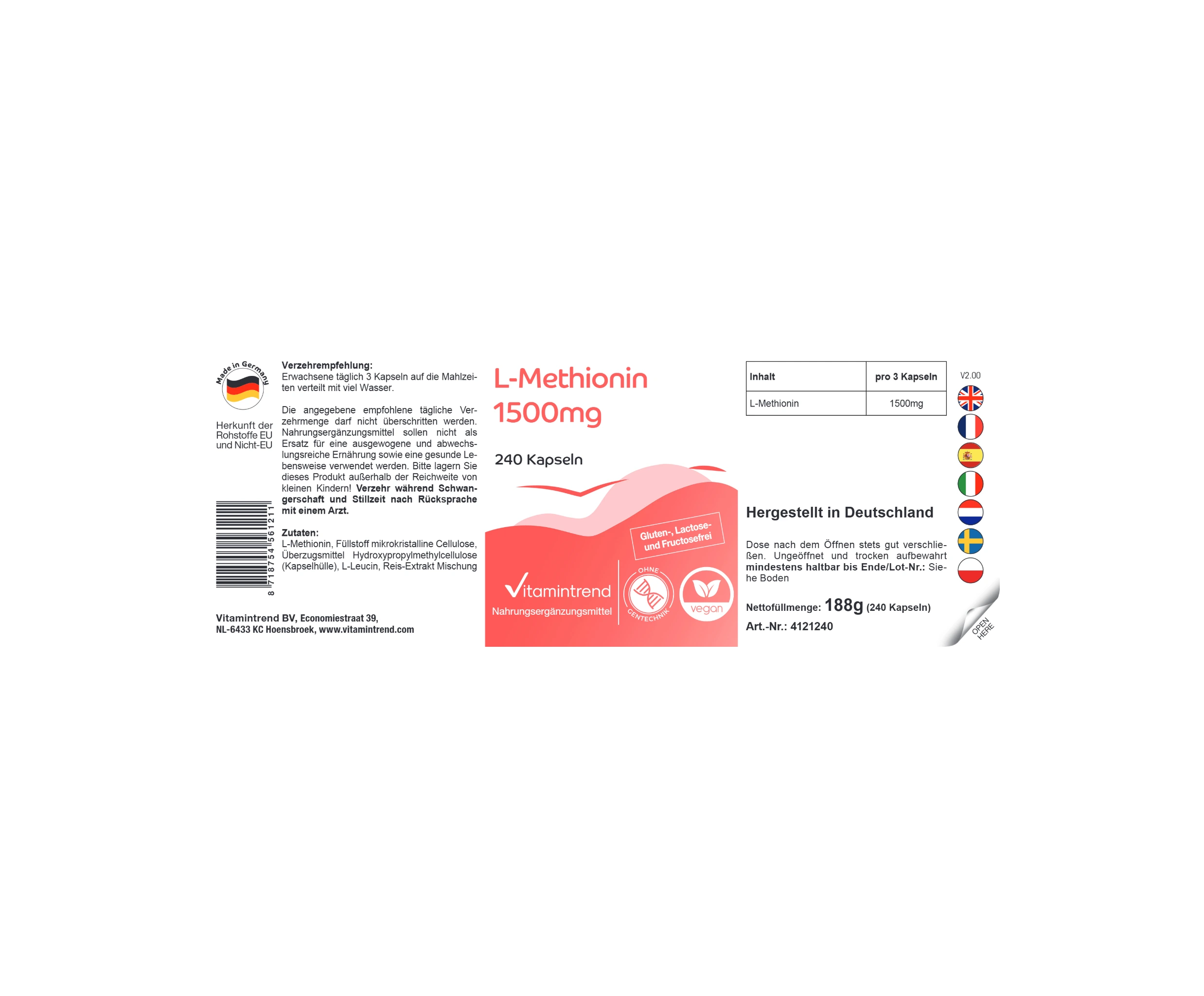 L-Methionine 1500mg - 240 Capsules - Vegan | Vitamintrend