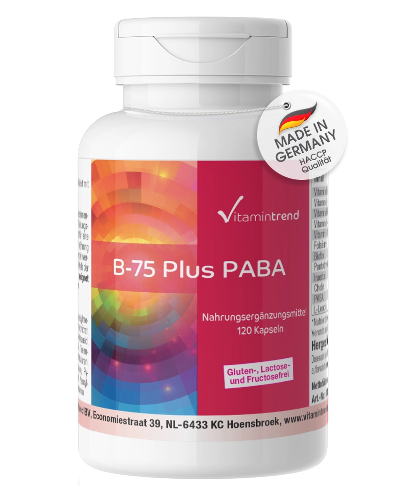 B-75 con PABA - complejo de vitaminas B - vegano - 120 cápsulas - tratamiento para 4 meses B-75 con PABA - complejo de vitaminas B - vegano - 120 cápsulas - tratamiento para 4 meses