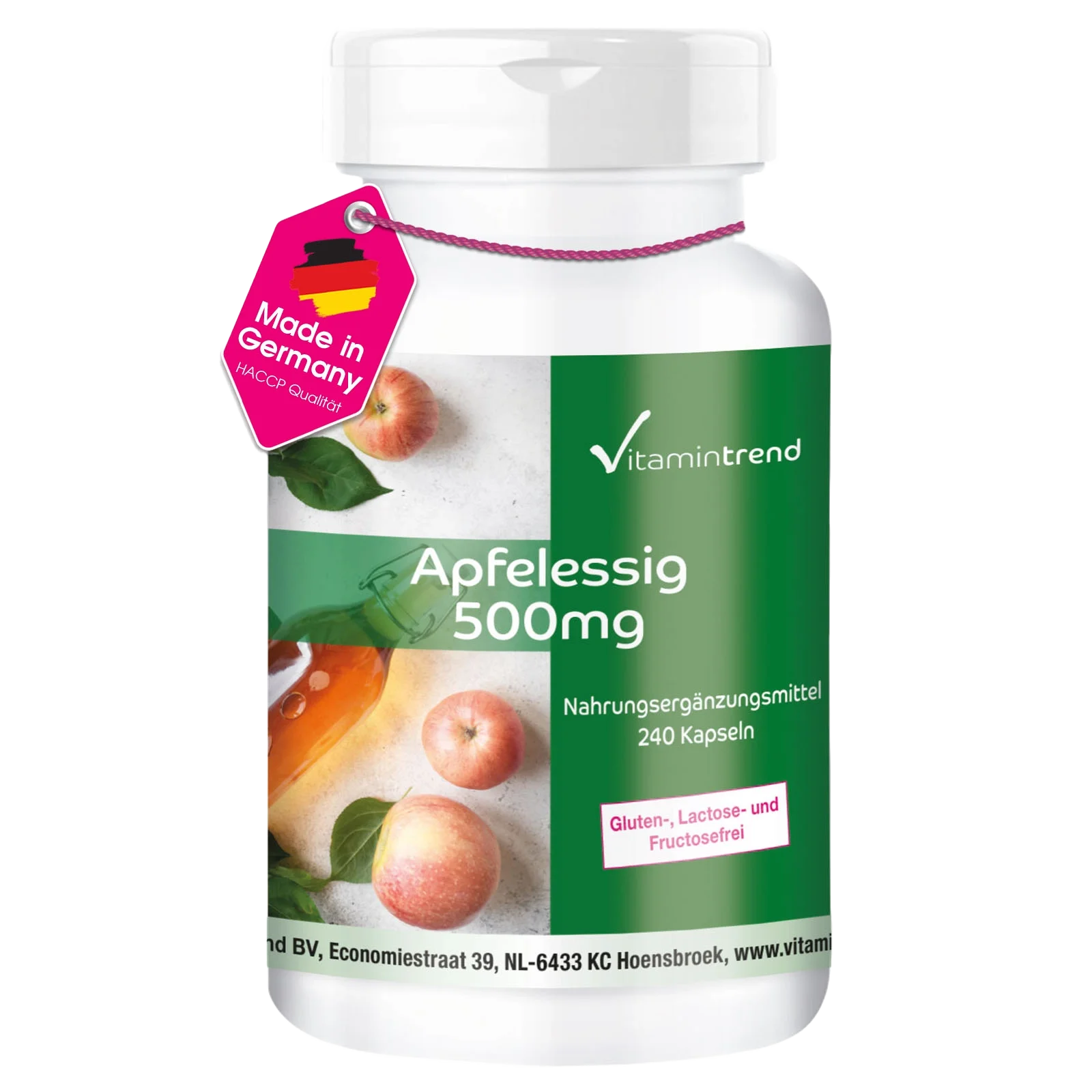 Apple cider vinegar 500mg - high-dose - vegan - 240 Capsules - bulk pack