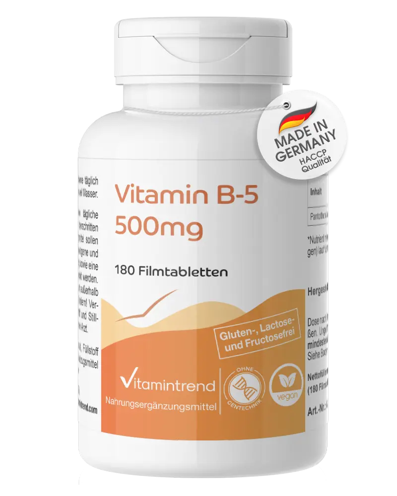 Vitamina B-5 500 mg - 180 comprimidos recubiertos - fácil de tragar - más del 100% de la ingesta diaria | Vitamintrend