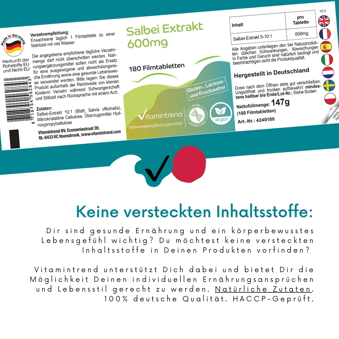 Extrait de Sauge 600mg - 180 comprimés pelliculés | Vitamintrend