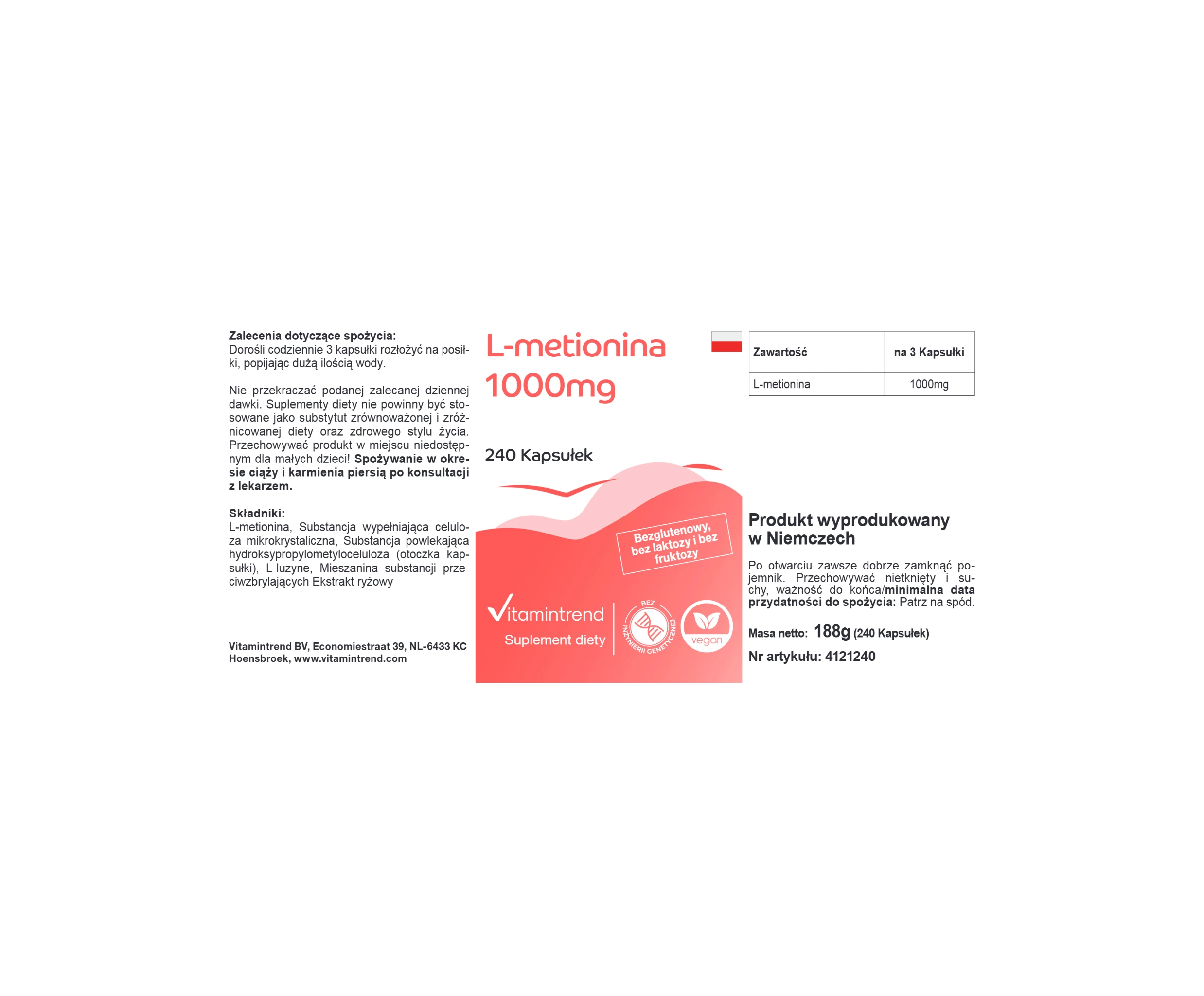 L-Methionine 1500mg - 240 Capsules - Vegan | Vitamintrend