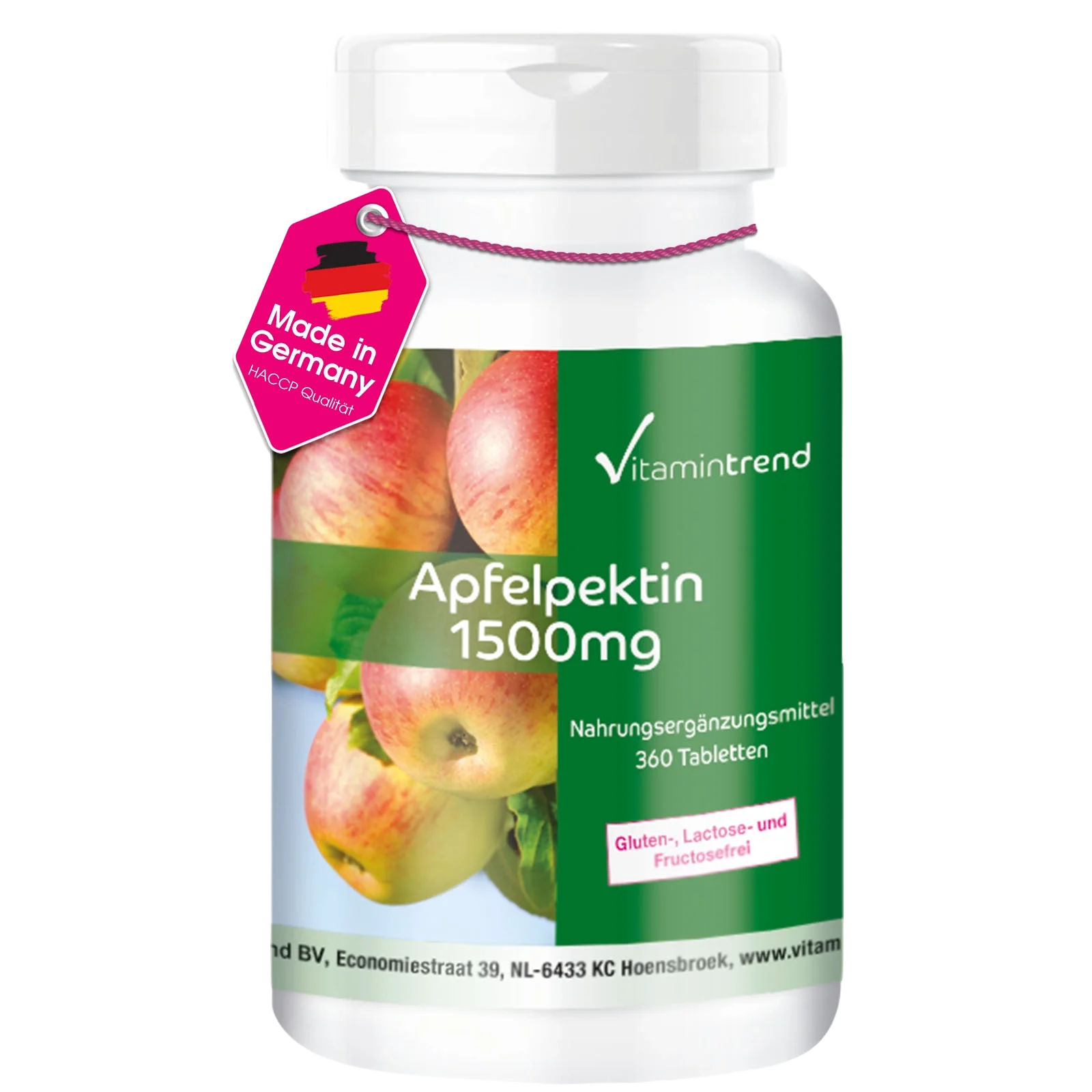 Apfelpektin 1500mg pro Tag, 360 Tabletten Großpackung, lösliche Ballaststoffe, Quellstoff, Sättigung