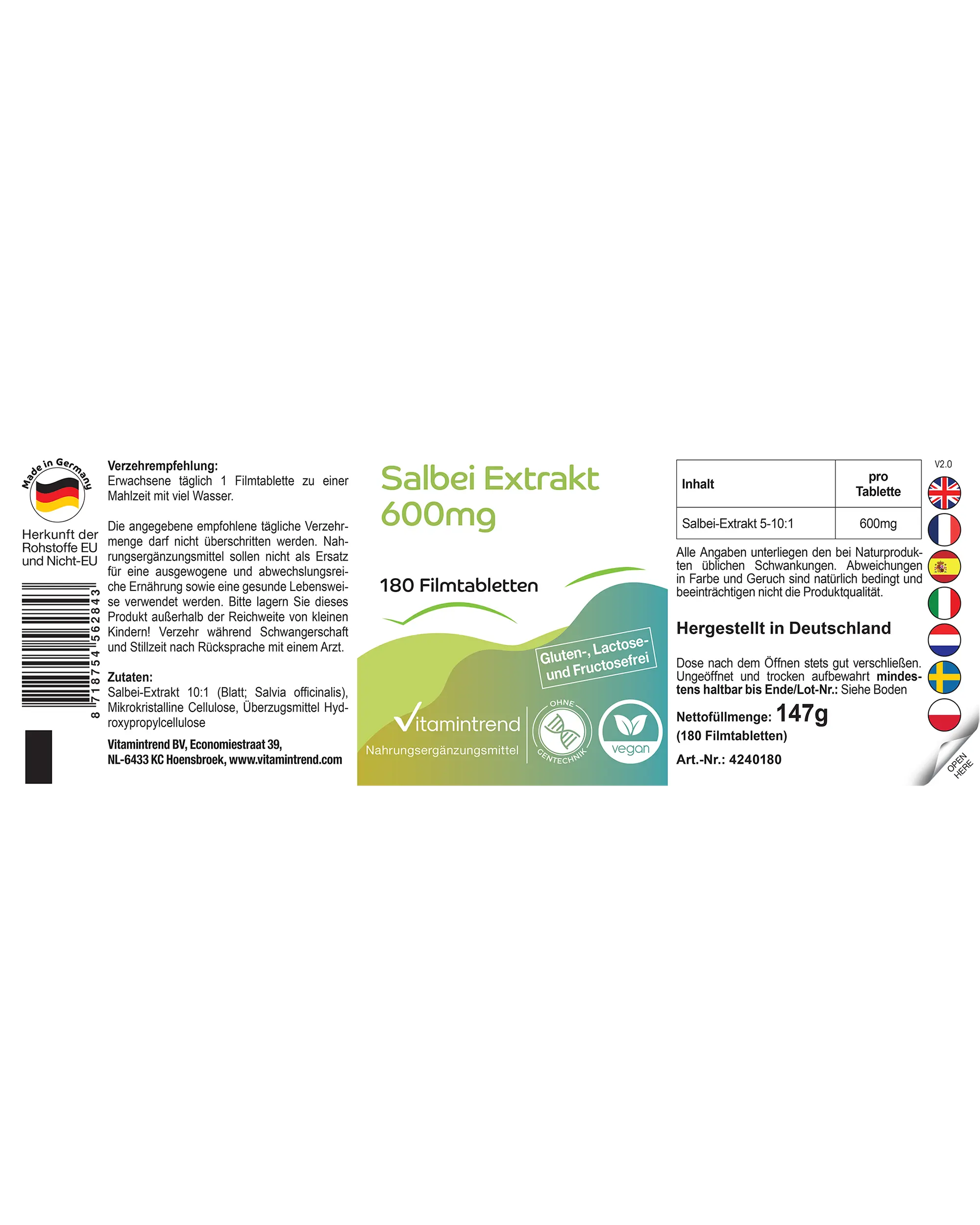 Sage Extract 600mg - 180 Film-Coated Tablets | Vitamintrend