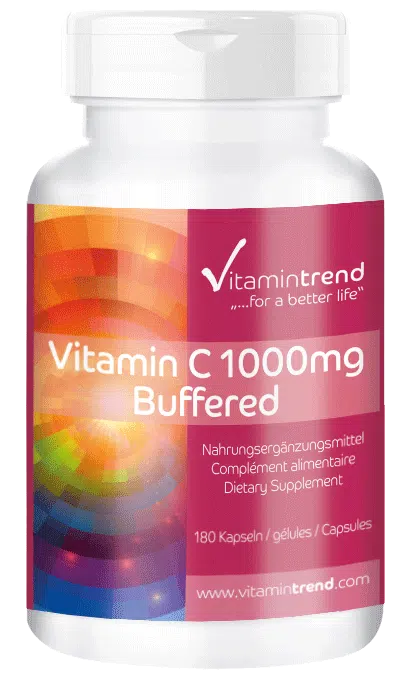 Vitamin C 1000mg gepuffert 180 Kapseln hochdosiert, Großpackung für 1/2 Jahr Calciumascorbat