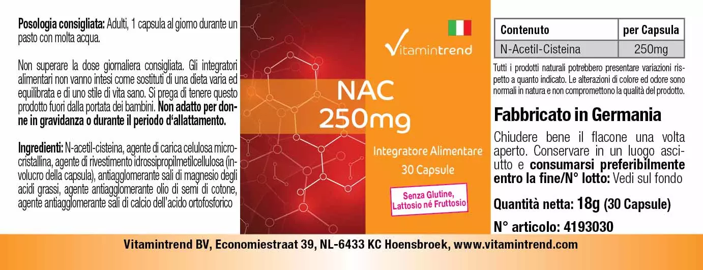 NAC 250mg - 30 Kapseln - N-Acetyl-Cystein