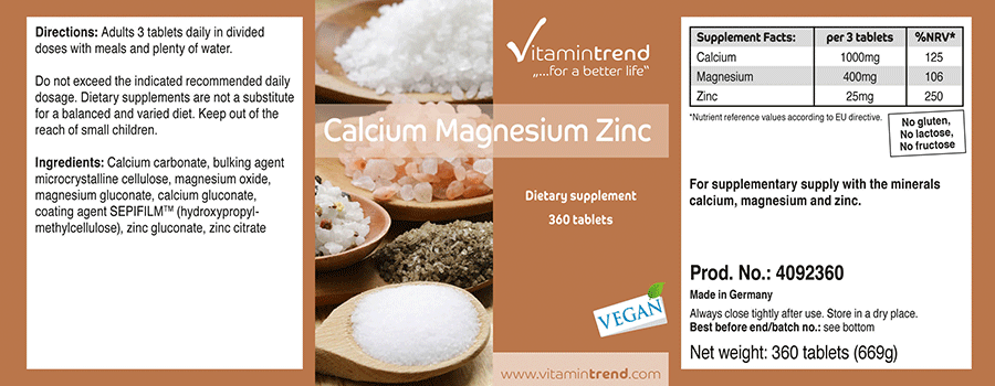 Calcium Magnesium Zink - 360 Tabletten, vegan, Großpackung für 120 Tage