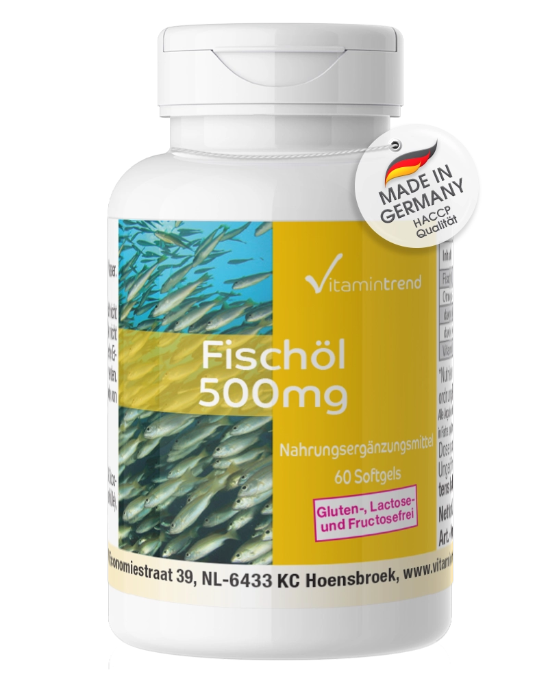 Fischöl 500mg - mit Omega 3 und Vitamin E - 60 Softgels - hochdosiert | Vitamintrend Fischöl 500mg - mit Omega 3 und Vitamin E - 60 Softgels - hochdosiert | Vitamintrend