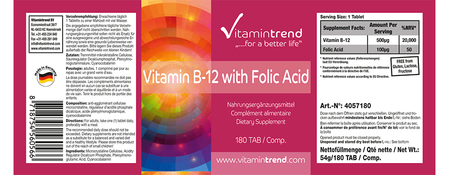 Vitamin B12 with Folic Acid 180 Tablets vegan