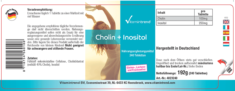 Cholin 100mg + Inositol 250mg - 240 Tabletten - Vegan - Großpackung für 8 Monate
