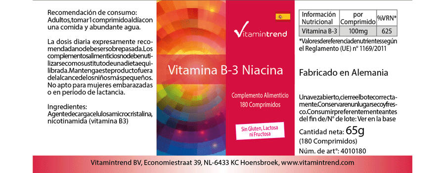 Niacin 100mg - 180 Tabletten Vitamin B3 - Großpackung  für 1/2 Jahr - Vegan