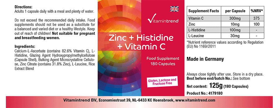 Zinco + Istidina + Vitamina C - 180 Capsule Vegan