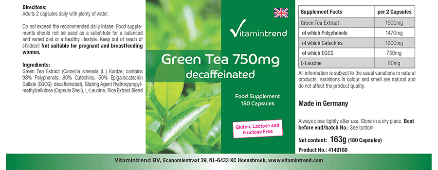 Grüner Tee Extrakt 750mg - hochdosiert - vegan - 180 Kapseln - Großpackung