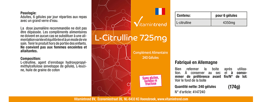 L-Citrullin 725mg - vegan - 240 Kapseln - Großpackung