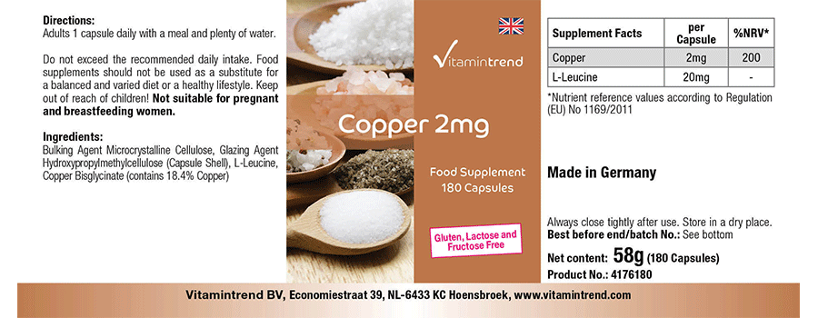 Copper 2mg - vegan - 180 capsules - bulk pack