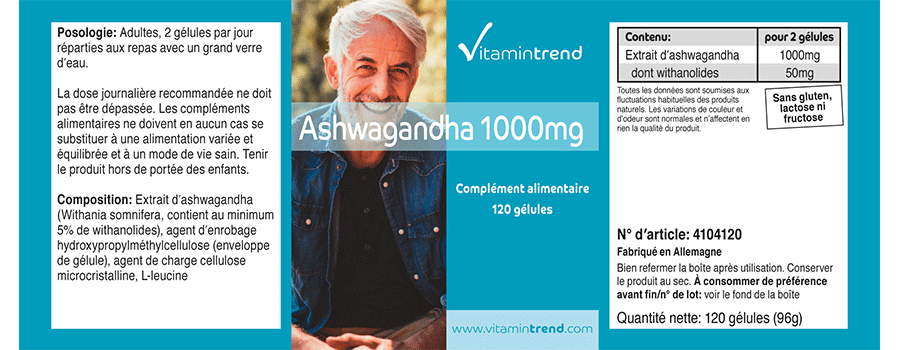 Ashwagandha-Extrakt 1000mg pro 2 Kapseln - 120 Kapseln, vegan