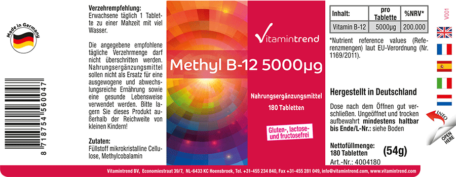 Methyl B12 5000μg 180 tablets, highly dosed, bulk pack for 6 months, methylcobalamin