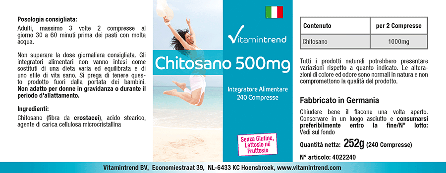 Chitosane 500mg - Bloqueur de graisse - 240 comprimés fibres alimentaires