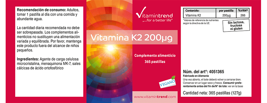 Vitamin K2 200µg -  365 Tabletten - vegan - natürliches Menaquinon MK-7 - Jahresversorgung