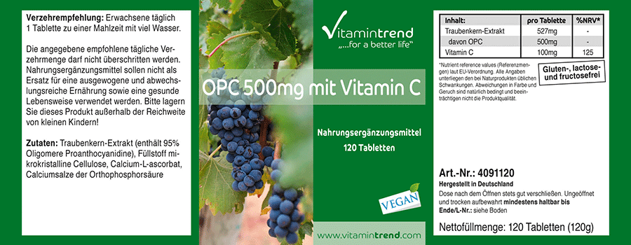 OPC 500mg with vitamin C 120 tablets vegan bulk pack for 4 months