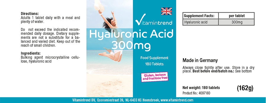 Hyaluronsäure 300mg - vegan - 180 Tabletten - hochdosiert