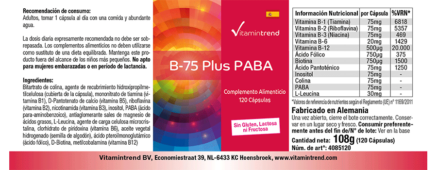 Vitamina B-75 più PABA, 120 capsule, vegan, pacchetto alla rinfusa per 120 giorni