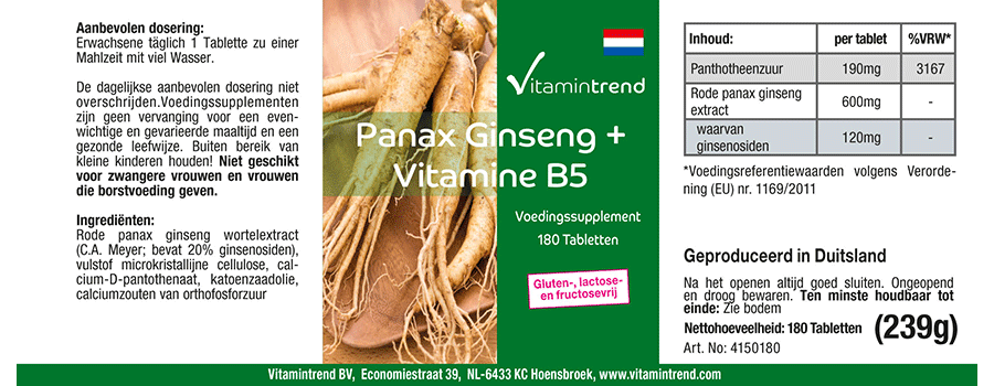 Panax Ginseng + Vitamin B5 - vegan - 180 Tablets - bulk pack