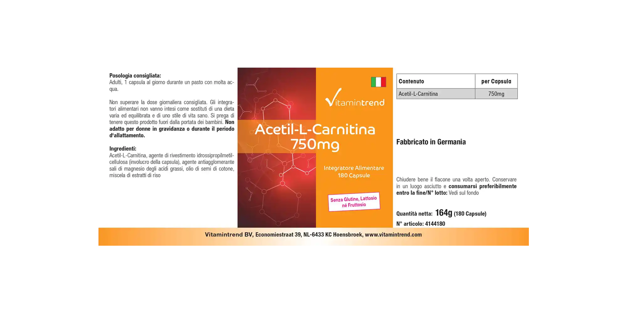 Acetyl-L-Carnitin 750mg - hochdosiert - vegan - 180 Kapseln