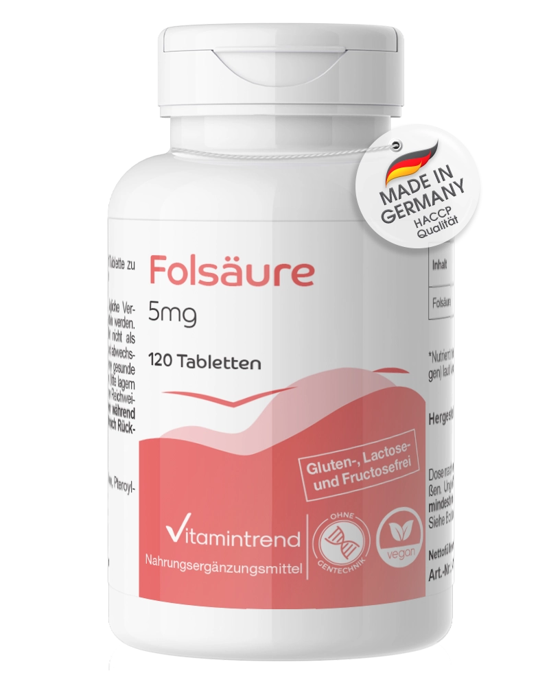 Folsäure 5mg - 120 Tabletten - nur 1/4 Tablette täglich - hochdosiert - vegan | Vitamintrend Folsäure 5mg - 120 Tabletten - nur 1/4 Tablette täglich - hochdosiert - vegan | Vitamintrend