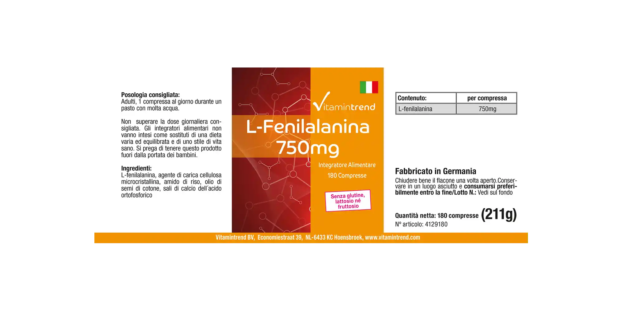L-Fenilalanina 750mg - alta dose - vegan - 180 compresse