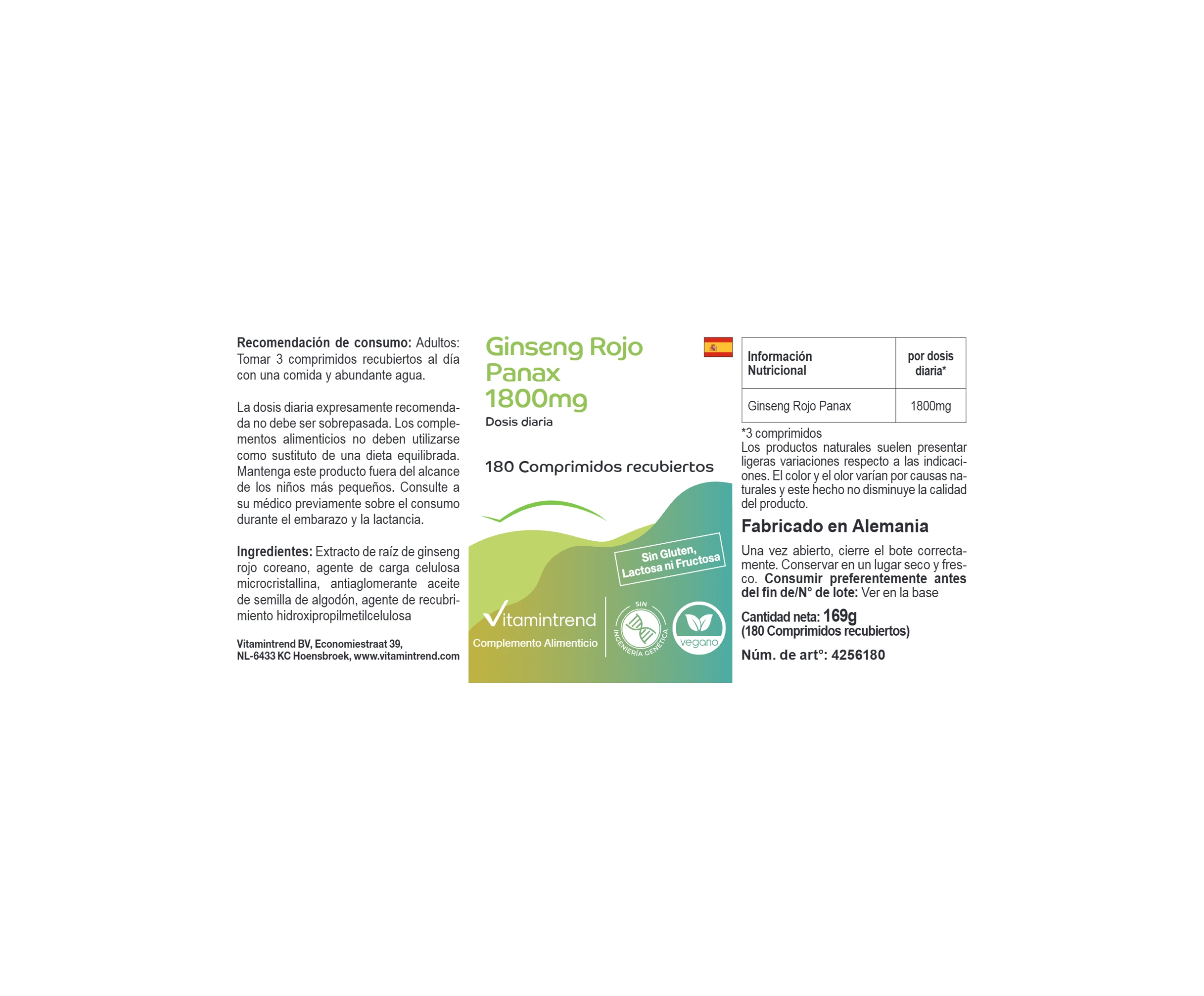 Ginseng rouge Panax 1.800mg - 180 comprimés pelliculés | Vitamintrend