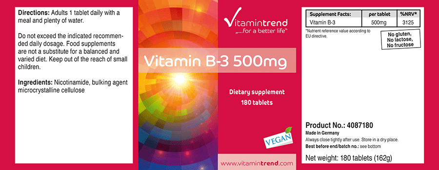 Vitamin B3 500mg - 180 vegane Kapseln, hochdosiert, Großpackung für  1/2  Jahr