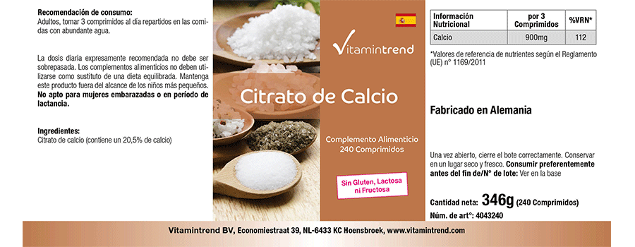 Citrate de calcium avec 300mg de calcium 240 comprimés, organique, substance pure, végétalien