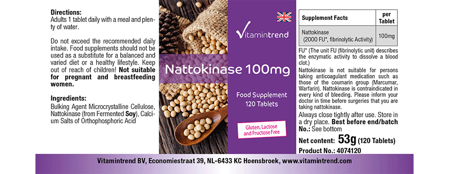 Nattokinase 100mg - 120 Tabletten 2000 FU Großpackung für 4 Monate, vegan