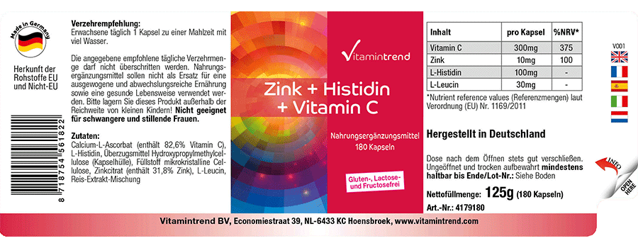 Zink + Histidin + Vitamin C - 180 Kapseln - Großpackung