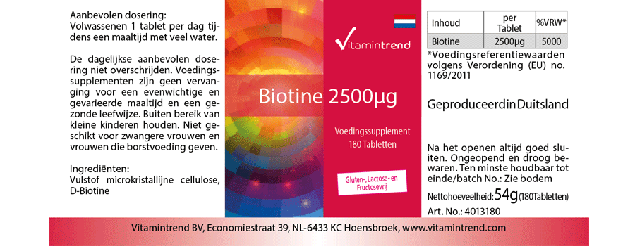 Biotine 2,5mg 180 comprimés, Substance pure, végétarien, Flacon avantageux pour 6 mois