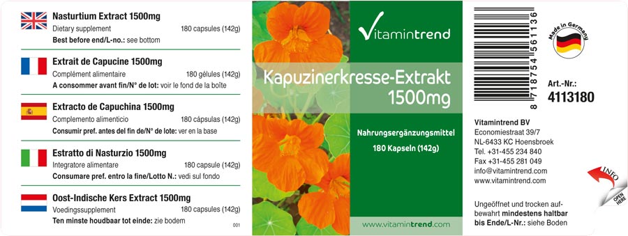 Kapuzinerkresse-Extrakt 1500mg Tagesverzehr, vegan, 10fach konzentriert