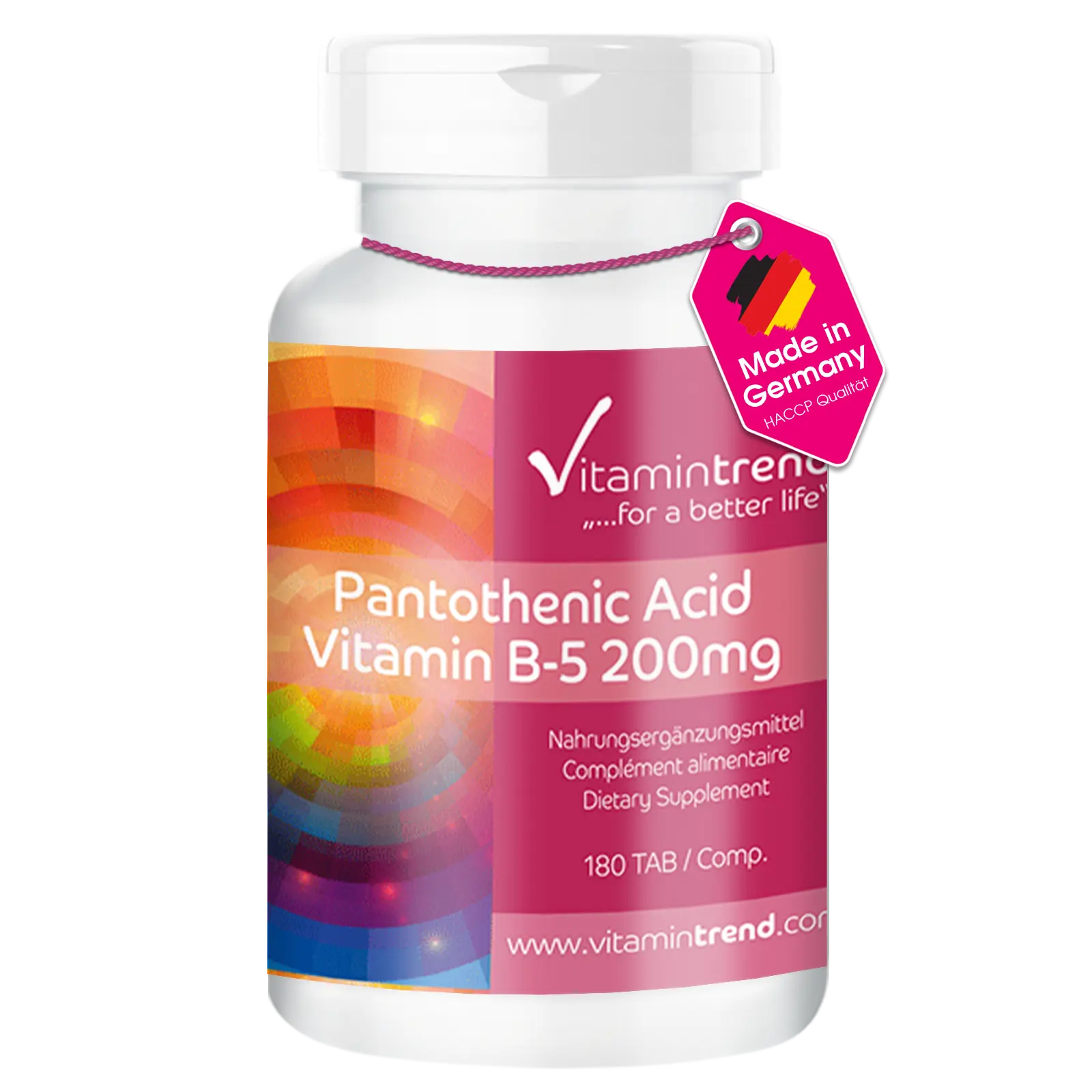 Ácido pantoténico vitamina B5 200mg 180 comprimidos envase a granel para  1/2  año, vegano