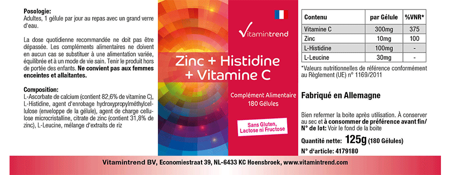 Zinc + Histidine + Vitamine C - 180 Gélules Végan 