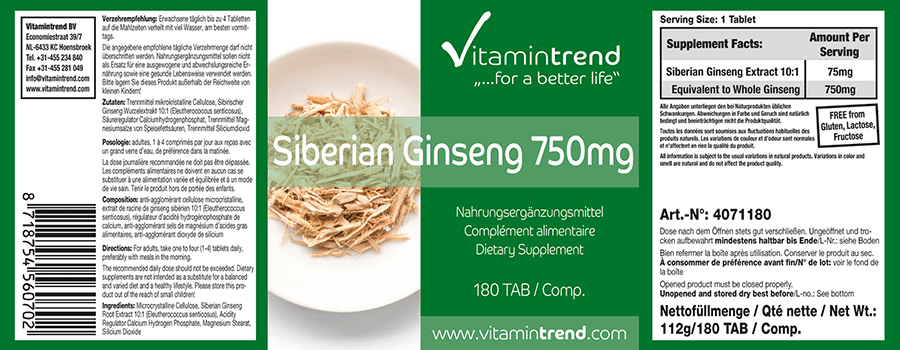 Sibirischer Ginseng 750mg 180 Tabletten Taigawurzel, Eleutherococcus senticosus, vegan