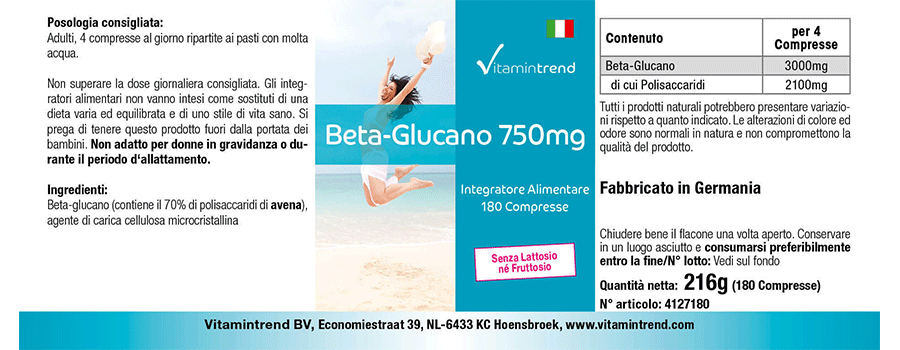 Beta-Glucan 750mg - hochdosiert - 180 Tabletten - Großpackung