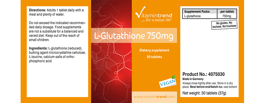 L-Glutathion 750mg - vegan, 30 Tabletten, hochdosiert, biologisch aktive (reduzierte) Form