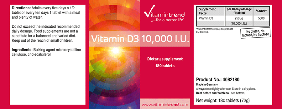 Vitamin D3 10.000 I.E.  180 Tabletten, hochdosiert, nur eine Tablette alle 10 Tage, Cholecalciferol