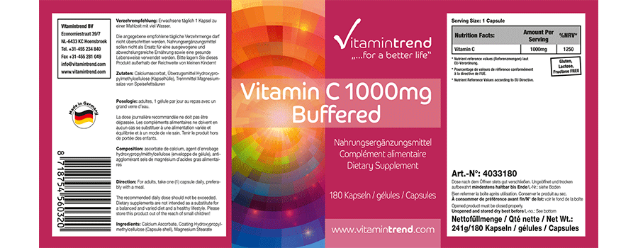 Vitamin C 1000mg gepuffert 180 Kapseln hochdosiert, Großpackung für 1/2 Jahr Calciumascorbat, vegan
