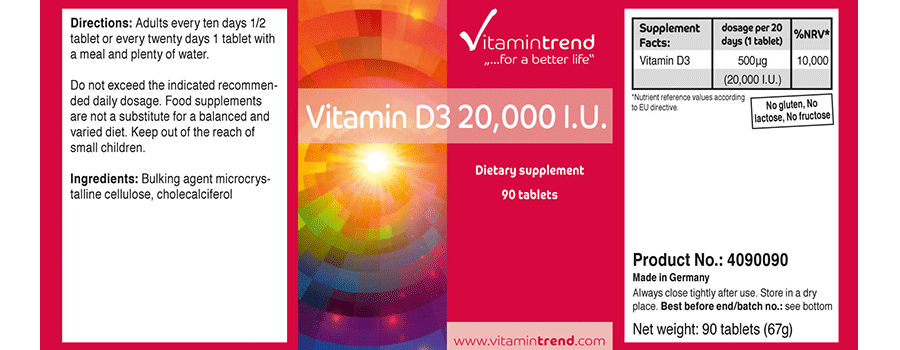Vitamina D3 20.000 I.E - Alta dosis de colecalciferol - Bote grande - 180 comprimidos- Tratamiento para 6 meses