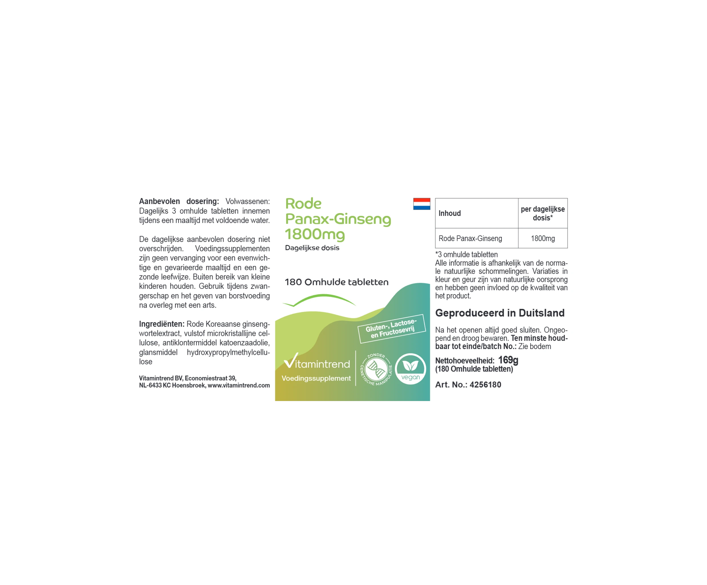 Ginseng rouge Panax 1.800mg - 180 comprimés pelliculés | Vitamintrend