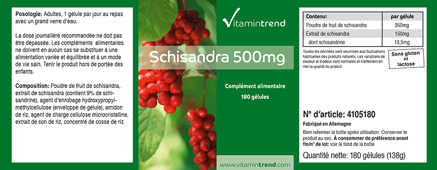 Schisandra 500mg - 180 Kapseln, Großpackung für 1/2 Jahr, vegan