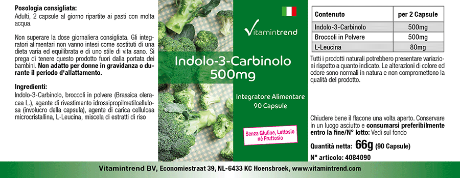 Indolo-3-carbinolo 500mg più polvere di broccoli 500mg - 90 capsule, vegan